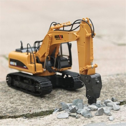HUINA - HUINA 1560 1/14 Yüksek Kalite 16 Kanal RC Model Ekskavatör Kırıcı Ataşmanlı Delici Matkap Uzaktan Kumandalı Çok Fonksiyonlu Metal İş Makinası - 2.4G Full Fonksiyon Sesli ve Işıklı