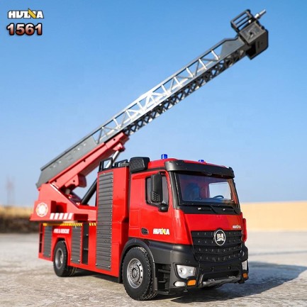 HUINA - HUINA 1561 1/14 22CH Yüksek Kalite RC Model Uzaktan Kumandalı Merdivenli Yangın Söndürme İtfaiye Kamyonu İş Makinesi -Su Püskürtme Fonksiyonlu-2.4G Full Fonksiyon Sesli&Işıklı