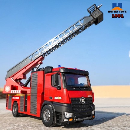 HUINA - HUINA 1561 1/14 22CH Yüksek Kalite RC Model Uzaktan Kumandalı Merdivenli Yangın Söndürme İtfaiye Kamyonu İş Makinesi -Su Püskürtme Fonksiyonlu-2.4G Full Fonksiyon Sesli&Işıklı