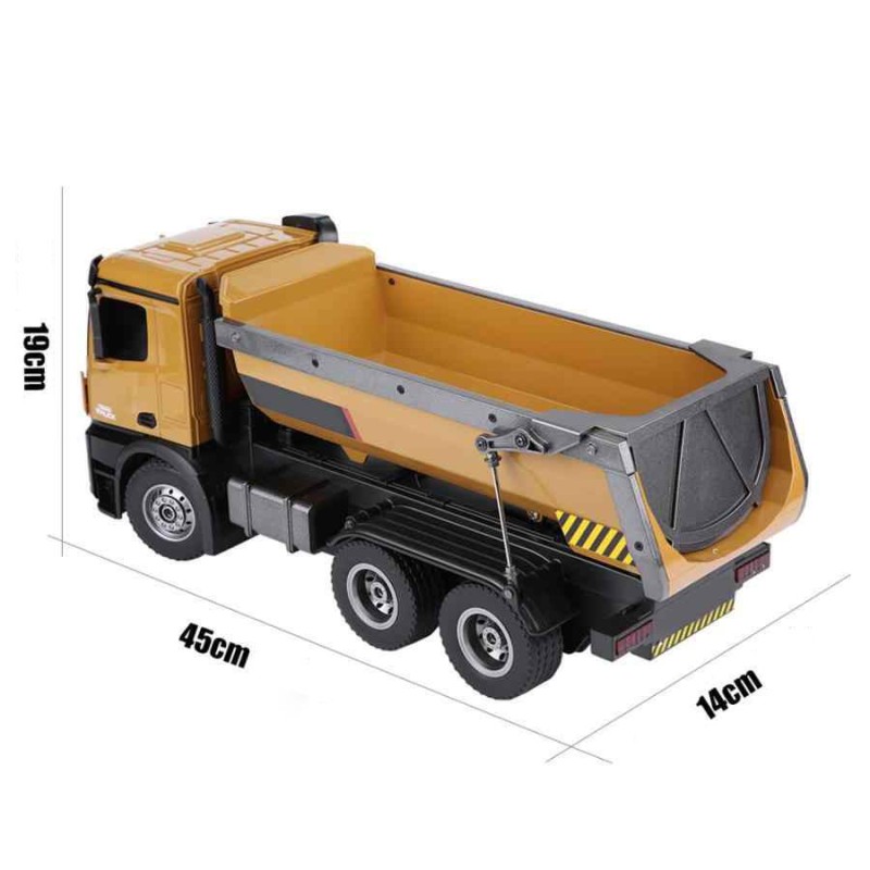 HUINA 1573 1/14 Yüksek Kalite RC Model Damperli Kamyon Uzaktan Kumandalı Metal İş Makinası - 10KG Yükleme Kapasiteli - 2.4G Full Fonksiyon Sesli ve Işıklı