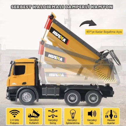 HUINA 1573 1/14 Yüksek Kalite RC Model Damperli Kamyon Uzaktan Kumandalı Metal İş Makinesi -10KG Yükleme Kapasiteli -2.4G Full Fonksiyon Sesli&Işıklı - Thumbnail