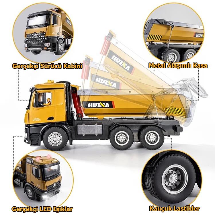 HUINA 1573 1/14 Yüksek Kalite RC Model Damperli Kamyon Uzaktan Kumandalı Metal İş Makinesi -10KG Yükleme Kapasiteli -2.4G Full Fonksiyon Sesli&Işıklı