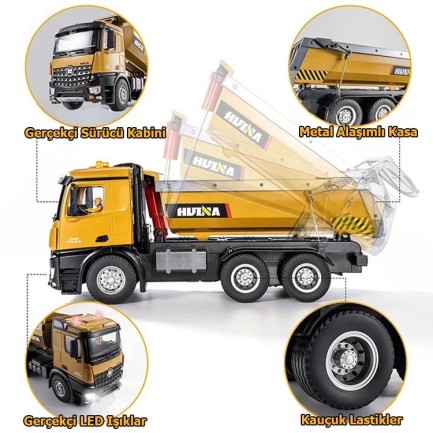 HUINA 1573 1/14 Yüksek Kalite RC Model Damperli Kamyon Uzaktan Kumandalı Metal İş Makinesi -10KG Yükleme Kapasiteli -2.4G Full Fonksiyon Sesli&Işıklı - Thumbnail