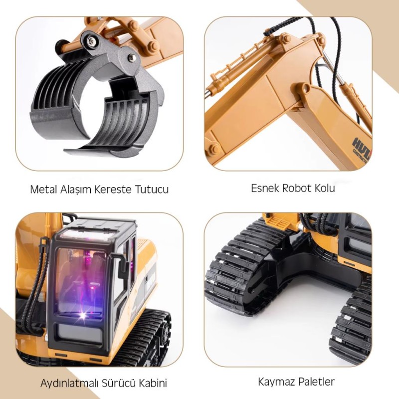 HUINA 1570 1/14 Yüksek Kalite RC Model Paletli Ekskavatör Kereste Taşıma Kepçesi Uzaktan Kumandalı Çok Fonksiyonlu İş Makinesi -2.4G Full Fonksiyon Sesli&Işıklı