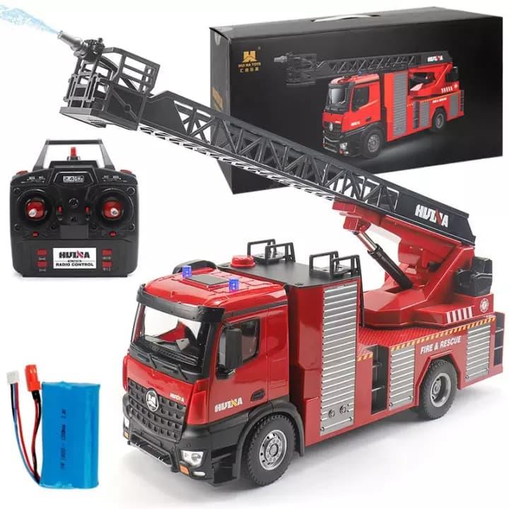 HUINA 1561 1/14 22 Kanal Yüksek Kalite RC Model Uzaktan Kumandalı Merdivenli Yangın Söndürme İtfaiye Kamyonu - Su Püskürtme Fonksiyonlu - 2.4G Full Fonksiyon Sesli ve Işıklı