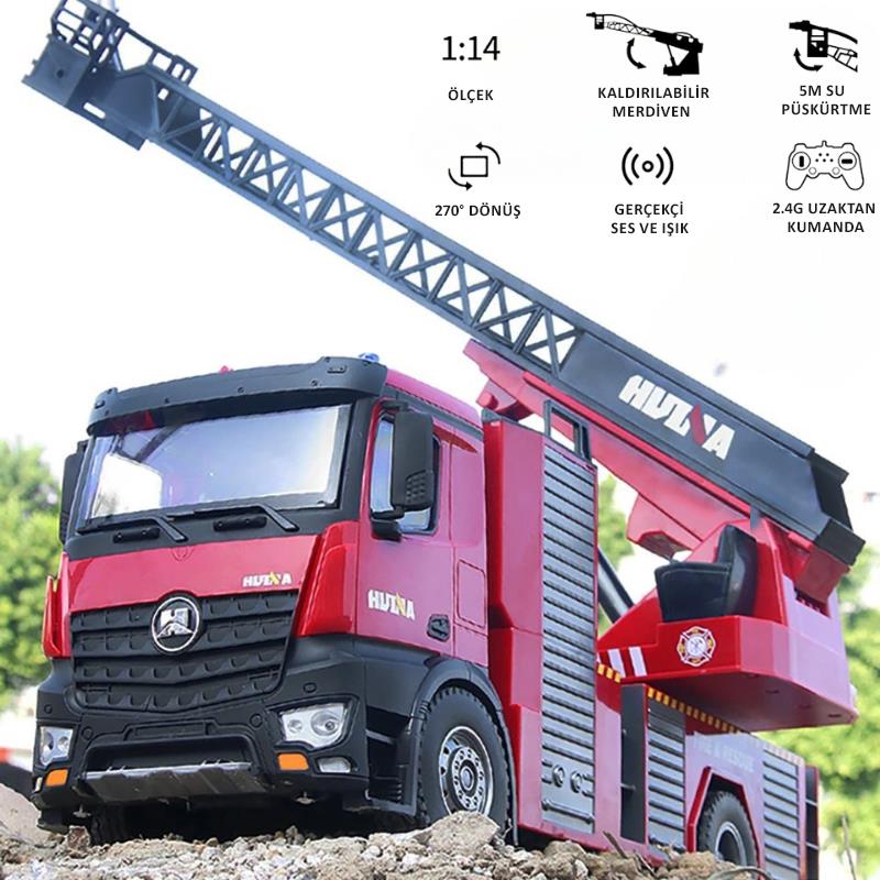 HUINA 1561 1/14 22CH Yüksek Kalite RC Model Uzaktan Kumandalı Merdivenli Yangın Söndürme İtfaiye Kamyonu İş Makinesi -Su Püskürtme Fonksiyonlu-2.4G Full Fonksiyon Sesli&Işıklı
