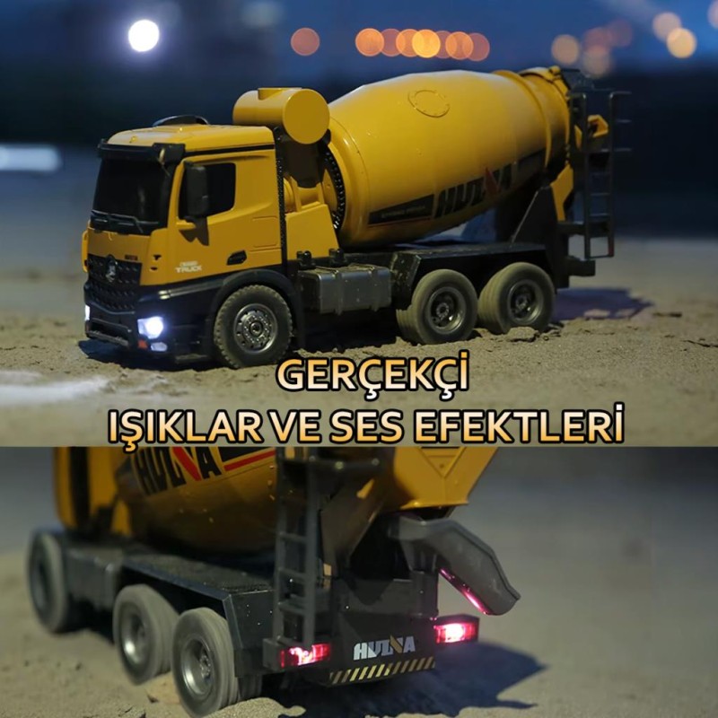 HUINA 1574 1/14 10 Kanal Yüksek Kalite RC Model Çimento Mikseri Kamyon Uzaktan Kumandalı İş Makinası - 2.4G Full Fonksiyon Sesli ve Işıklı
