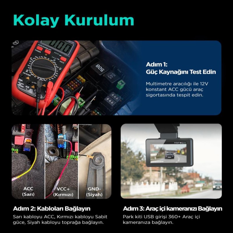 360+ Botslab G980H Pro/G500H Pro Type-C Araç İçi Kamera Park Modu Akü Bağlantı Kablosu (24 Saat Kayıt)