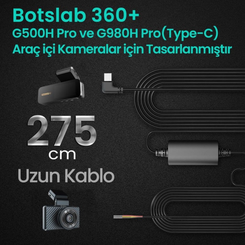 360+ Botslab G980H Pro/G500H Pro Type-C Araç İçi Kamera Park Modu Akü Bağlantı Kablosu (24 Saat Kayıt)