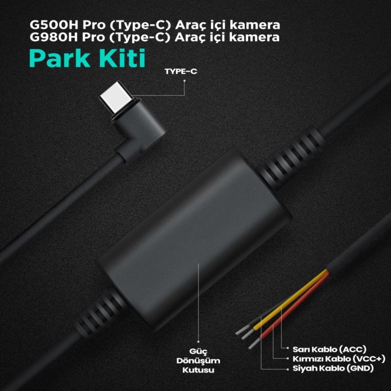 360+ Botslab G980H Pro/G500H Pro Type-C Araç İçi Kamera Park Modu Akü Bağlantı Kablosu (24 Saat Kayıt)
