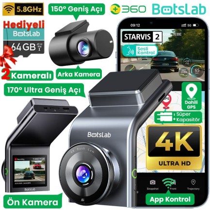 360+ - 360+ Botslab G300H Plus WDR 4K UHD Ön+Arka WiFi+GPS 170° Geniş Açı Gece Görüşlü Araç İçi Kamera Dash Cam Araç Kamerası +LCD Ekran+G-Sensör+Sesli Kontrol (64GB Hafıza Kartı Hediyeli)