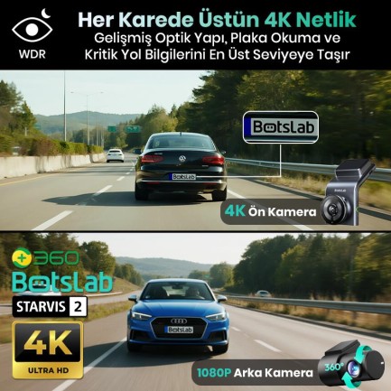 360+ Botslab G300H Plus WDR 4K UHD Ön+Arka WiFi+GPS 170° Geniş Açı Gece Görüşlü Araç İçi Kamera Dash Cam Araç Kamerası +LCD Ekran+G-Sensör+Sesli Kontrol (64GB Hafıza Kartı Hediyeli) - Thumbnail
