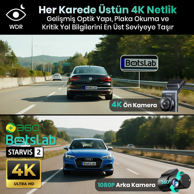 360+ Botslab G300H Plus WDR 4K UHD Ön+Arka WiFi+GPS 170° Geniş Açı Gece Görüşlü Araç İçi Kamera Dash Cam Araç Kamerası +LCD Ekran+G-Sensör+Sesli Kontrol (64GB Hafıza Kartı Hediyeli)