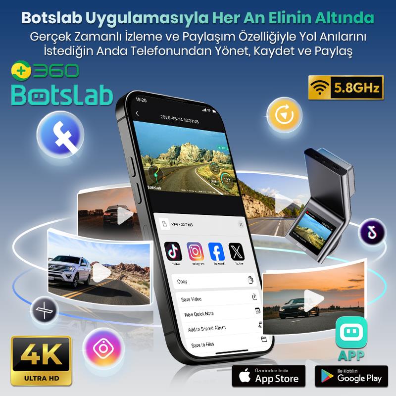 360+ Botslab G300H Plus WDR 4K UHD Ön+Arka WiFi+GPS 170° Geniş Açı Gece Görüşlü Araç İçi Kamera Dash Cam Araç Kamerası +LCD Ekran+G-Sensör+Sesli Kontrol (64GB Hafıza Kartı Hediyeli)
