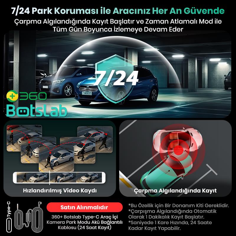 360+ Botslab G300H Plus WDR 4K UHD Ön+Arka WiFi+GPS 170° Geniş Açı Gece Görüşlü Araç İçi Kamera Dash Cam Araç Kamerası +LCD Ekran+G-Sensör+Sesli Kontrol (64GB Hafıza Kartı Hediyeli)