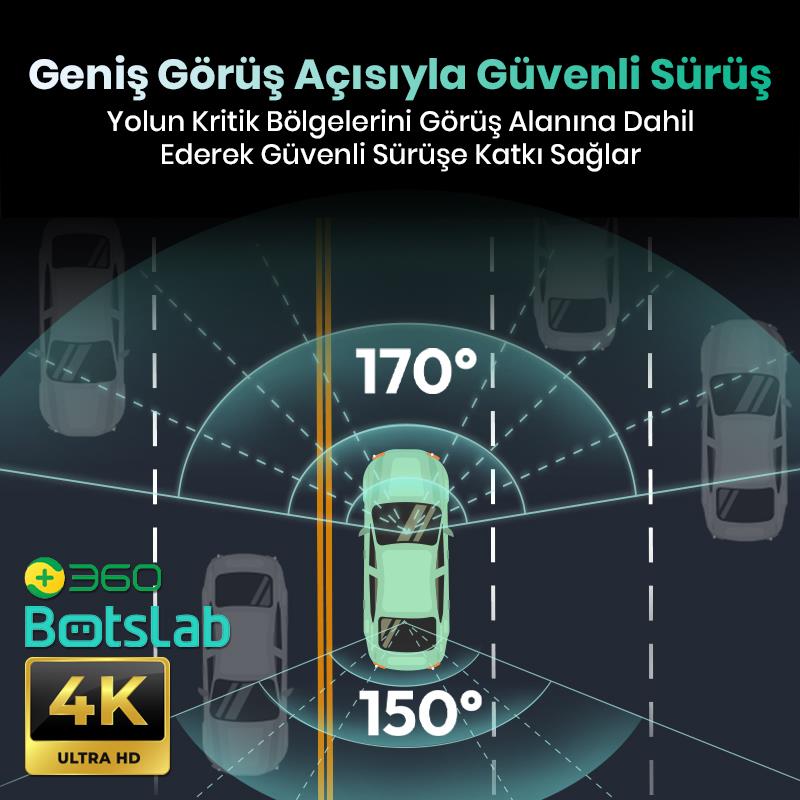 360+ Botslab G300H Plus WDR 4K UHD Ön+Arka WiFi+GPS 170° Geniş Açı Gece Görüşlü Araç İçi Kamera Dash Cam Araç Kamerası +LCD Ekran+G-Sensör+Sesli Kontrol (64GB Hafıza Kartı Hediyeli)