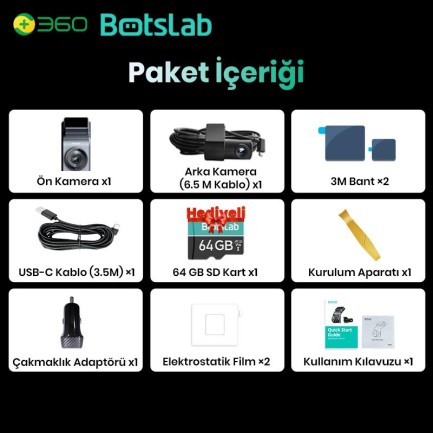 360+ Botslab G300H Plus WDR 4K UHD Ön+Arka WiFi+GPS 170° Geniş Açı Gece Görüşlü Araç İçi Kamera Dash Cam Araç Kamerası +LCD Ekran+G-Sensör+Sesli Kontrol (64GB Hafıza Kartı Hediyeli) - Thumbnail