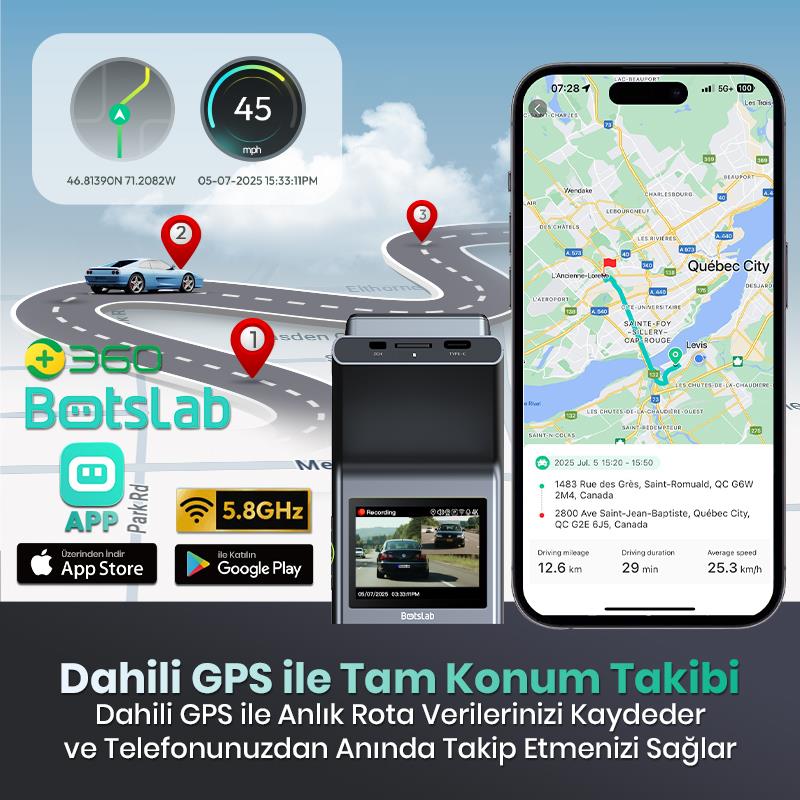 360+ Botslab G300H Plus WDR 4K UHD Ön+Arka WiFi+GPS 170° Geniş Açı Gece Görüşlü Araç İçi Kamera Dash Cam Araç Kamerası +LCD Ekran+G-Sensör+Sesli Kontrol (64GB Hafıza Kartı Hediyeli)