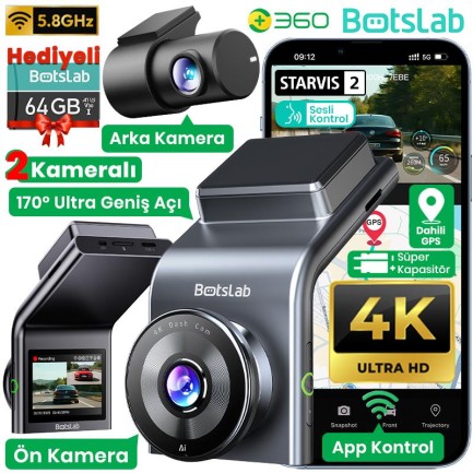 Botslab - 360+ Botslab G300H Plus WDR 4K UHD Ön+Arka WiFi+GPS 170° Geniş Açı Gece Görüşlü Araç İçi Kamera Dash Cam Araç Kamerası +LCD Ekran+G-Sensör+Sesli Kontrol (64GB Hafıza Kartı Hediyeli)