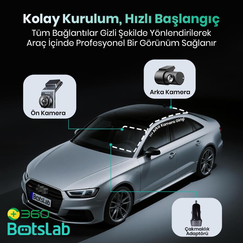 360+ Botslab G300H Plus WDR 4K UHD Ön+Arka WiFi+GPS 170° Geniş Açı Gece Görüşlü Araç İçi Kamera Dash Cam Araç Kamerası +LCD Ekran+G-Sensör+Sesli Kontrol (64GB Hafıza Kartı Hediyeli)