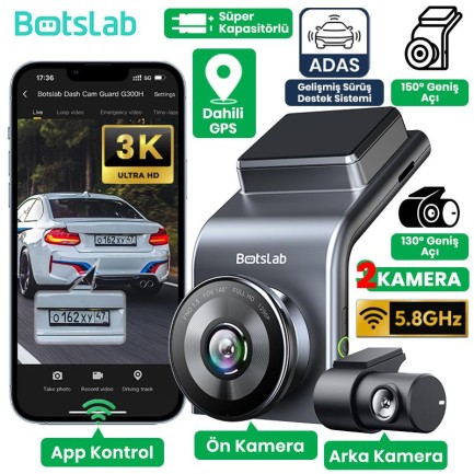 360+ - 360+ Botslab G300H Pro ADAS 3K Ön+Arka WiFi+GPS 150° Geniş Açı Gece Görüşlü Araç İçi Kamera Dash Cam Araç Kamerası+WDR+LCD Ekran+G-Sensör+Sesli Kontrol