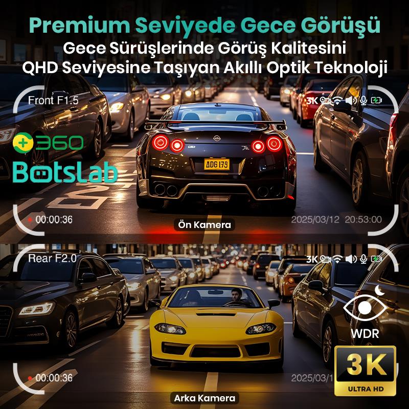 360+ Botslab G300H Pro ADAS 3K Ön+Arka WiFi+GPS 150° Geniş Açı Gece Görüşlü Araç İçi Kamera Dash Cam Araç Kamerası+WDR+LCD Ekran+G-Sensör+Sesli Kontrol