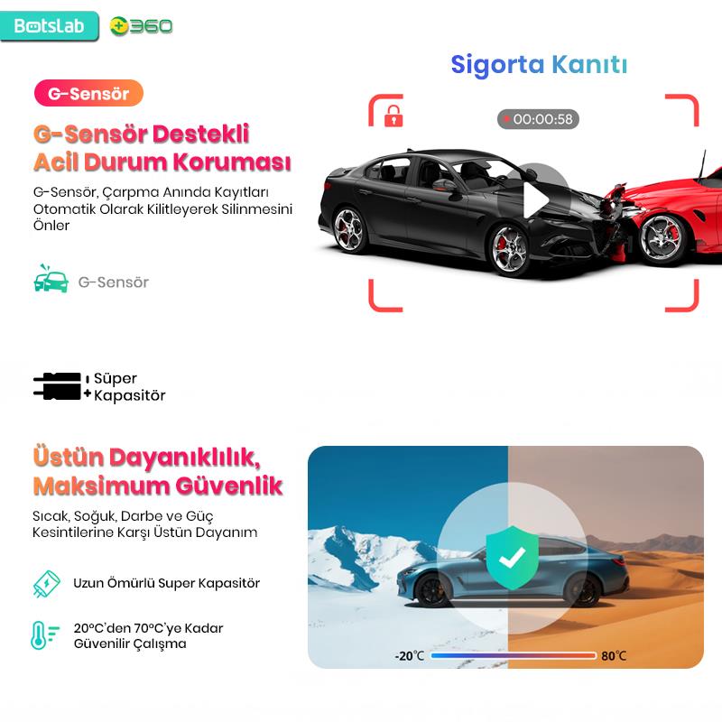 360+ Botslab G300H Pro Dual ADAS 3K Ön+Arka WiFi+GPS 150° Geniş Açı Gece Görüşlü Araç İçi Kamera Dash Cam Araç Kamerası+WDR+LCD Ekran+G-Sensör+Sesli Kontrol