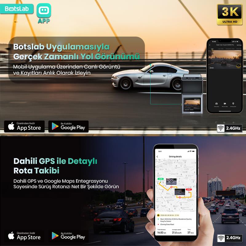360+ Botslab G300H Pro Dual ADAS 3K Ön+Arka WiFi+GPS 150° Geniş Açı Gece Görüşlü Araç İçi Kamera Dash Cam Araç Kamerası+WDR+LCD Ekran+G-Sensör+Sesli Kontrol