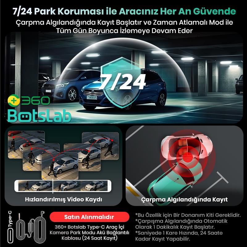360+ Botslab G300H Pro Dual ADAS 3K Ön+Arka WiFi+GPS 150° Geniş Açı Gece Görüşlü Araç İçi Kamera Dash Cam Araç Kamerası+WDR+LCD Ekran+G-Sensör+Sesli Kontrol
