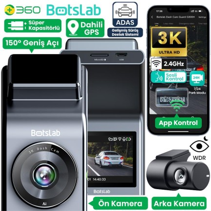 Botslab - 360+ Botslab G300H Pro Dual ADAS 3K Ön+Arka WiFi+GPS 150° Geniş Açı Gece Görüşlü Araç İçi Kamera Dash Cam Araç Kamerası+WDR+LCD Ekran+G-Sensör+Sesli Kontrol