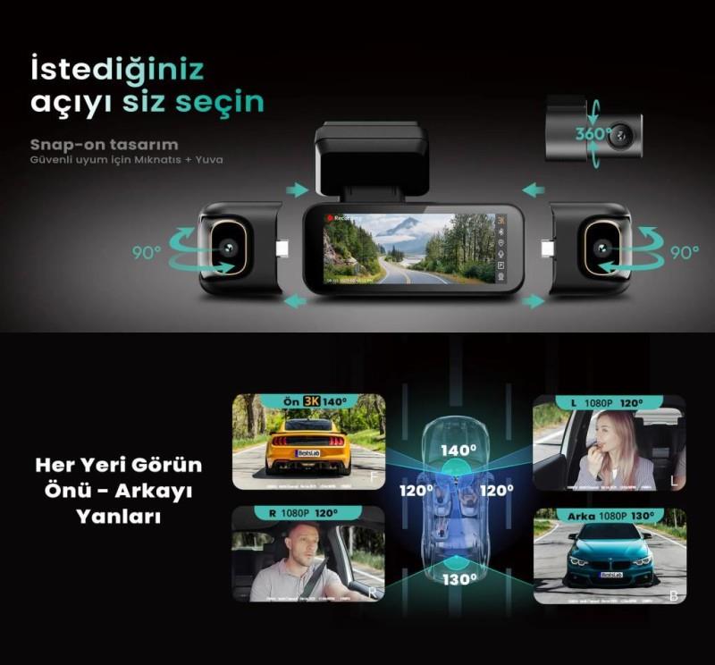 360+ Botslab G980H Pro 3K 4 Kameralı Wifi+GPS Akıllı Araç İçi Kamera +170° Geniş Açı+Süper Kapasitör+Sesli Kontrol+Gece Görüşlü (128GB HAFIZA KARTI HEDİYELİ) + Type-C Park Modu Kiti Combo