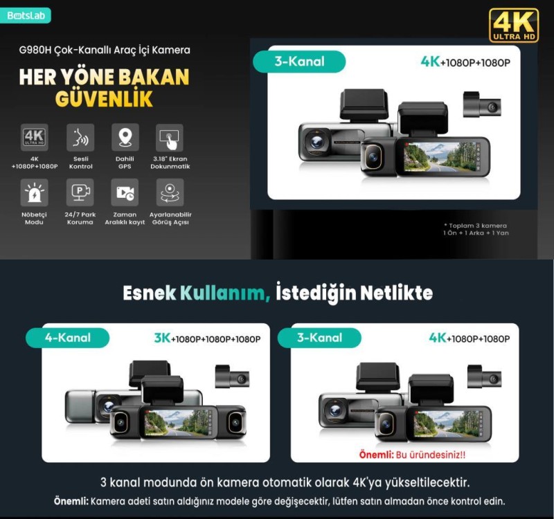 360+ Botslab G980H Pro ADAS 4K 3 Kameralı Akıllı Araç İçi Kamera (ÖN SİPARİŞ - TAHMİNİ TESLİMAT 20 AĞUSTOS)