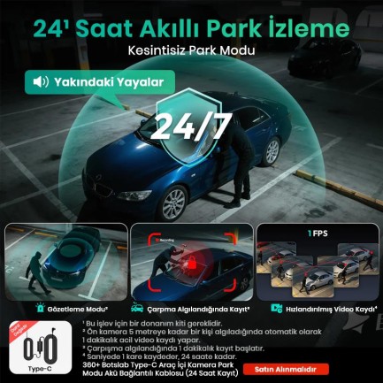 360+ Botslab G980H Pro 4K 3 Kameralı WiFi+GPS Akıllı Araç İçi Kamera +170° Geniş Açı+Süper Kapasitör+Sesli Kontrol+Gece Görüşlü (128GB HAFIZA KARTI HEDİYELİ) - Thumbnail