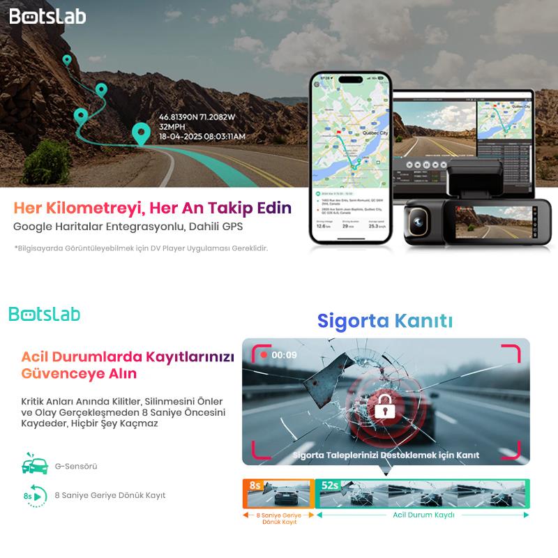 360+ Botslab G980H Pro 4K 3 Kameralı WiFi+GPS Akıllı Araç İçi Kamera +170° Geniş Açı+Süper Kapasitör+Sesli Kontrol+Gece Görüşlü (128GB HAFIZA KARTI HEDİYELİ)