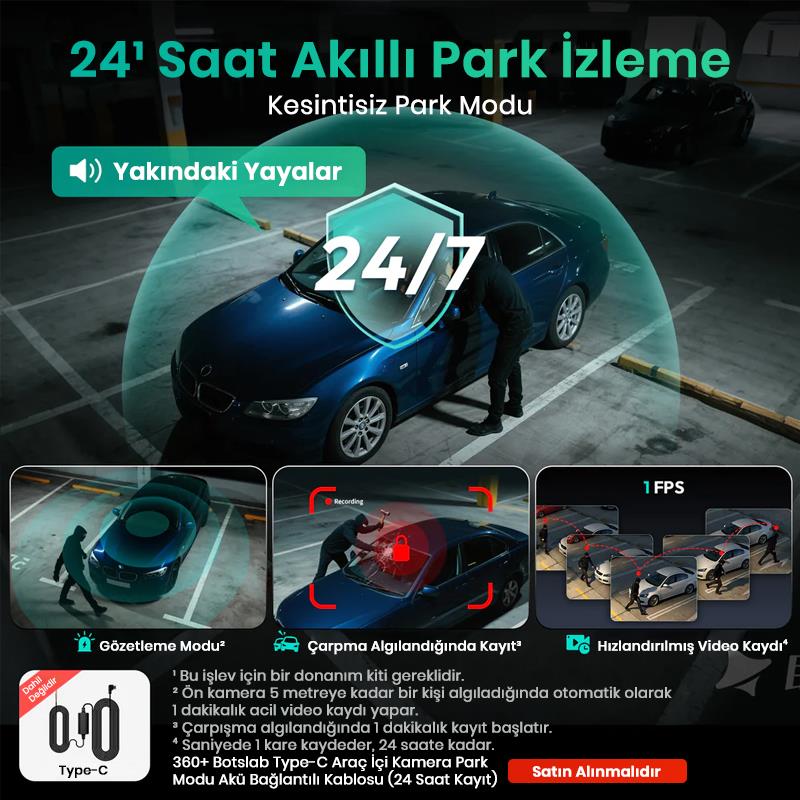 360+ Botslab G980H Pro 4K 3 Kameralı WiFi+GPS Akıllı Araç İçi Kamera +170° Geniş Açı+Süper Kapasitör+Sesli Kontrol+Gece Görüşlü (128GB HAFIZA KARTI HEDİYELİ)