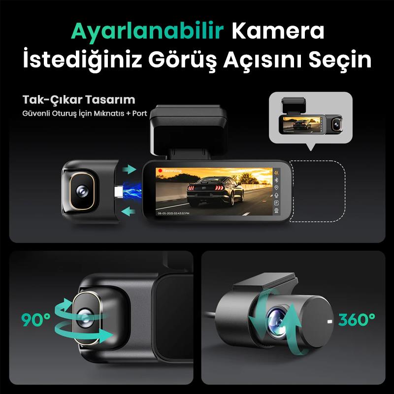360+ Botslab G980H Pro 4K 3 Kameralı WiFi+GPS Akıllı Araç İçi Kamera +170° Geniş Açı+Süper Kapasitör+Sesli Kontrol+Gece Görüşlü (128GB HAFIZA KARTI HEDİYELİ)