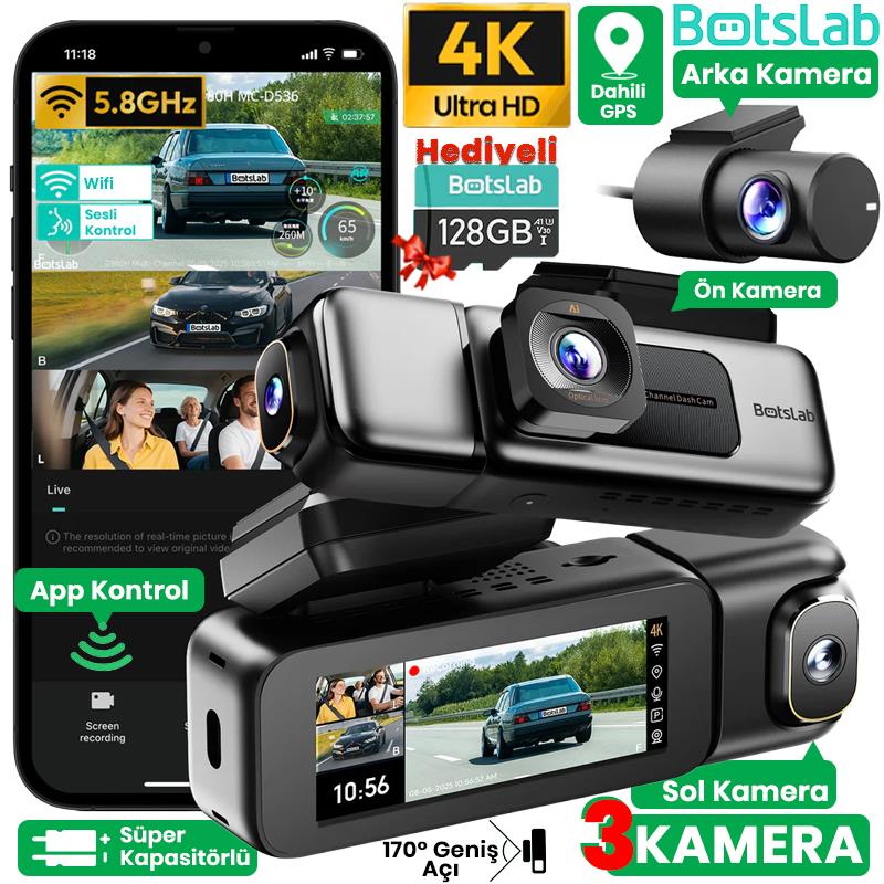 360+ Botslab G980H Pro 4K 3 Kameralı WiFi+GPS Akıllı Araç İçi Kamera +170° Geniş Açı+Süper Kapasitör+Sesli Kontrol+Gece Görüşlü (128GB HAFIZA KARTI HEDİYELİ)