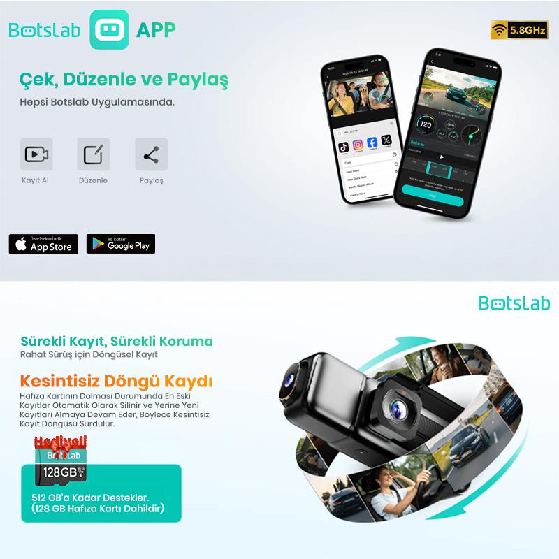 360+ Botslab G980H Pro 4K 3 Kameralı WiFi+GPS Akıllı Araç İçi Kamera +170° Geniş Açı+Süper Kapasitör+Sesli Kontrol+Gece Görüşlü (128GB HAFIZA KARTI HEDİYELİ)
