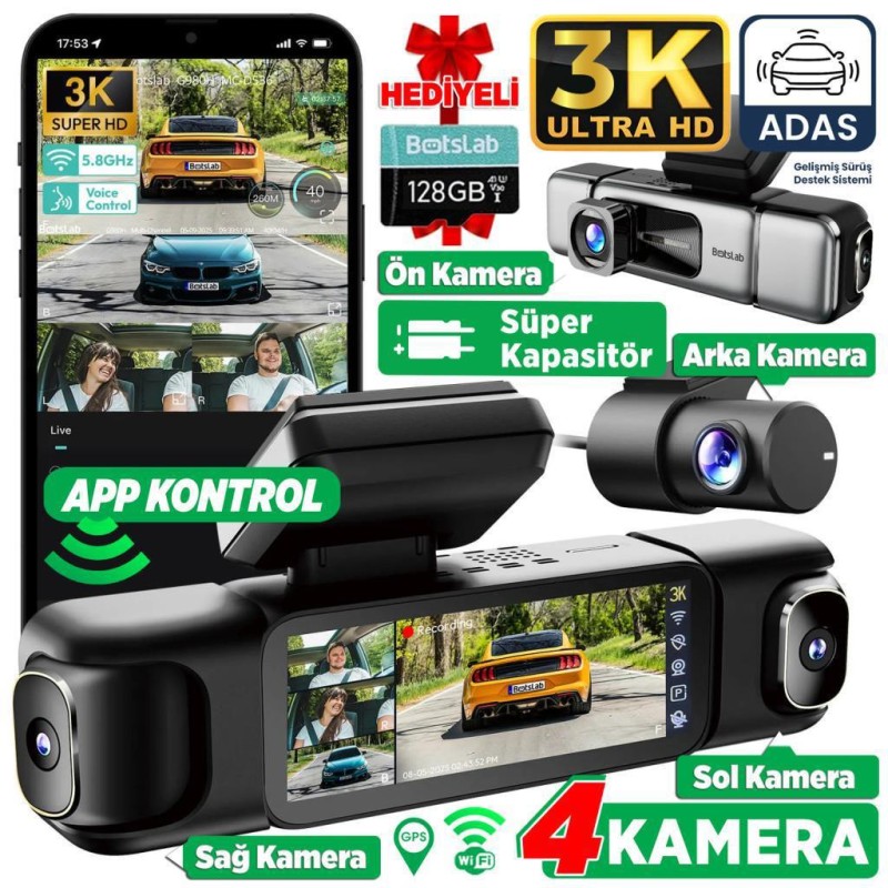360+ Botslab G980H Pro 3K 4 Kameralı Wifi+GPS Akıllı Araç İçi Kamera +170° Geniş Açı+Süper Kapasitör+Sesli Kontrol+Gece Görüşlü (128GB HAFIZA KARTI HEDİYELİ)