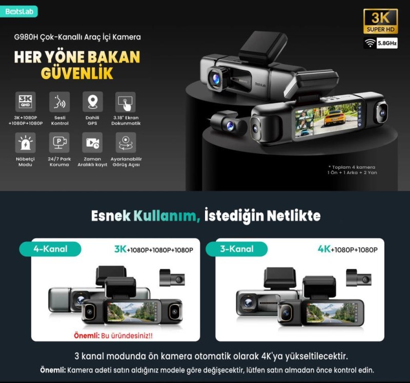 360+ Botslab G980H Pro 3K 4 Kameralı Wifi+GPS Akıllı Araç İçi Kamera +170° Geniş Açı+Süper Kapasitör+Sesli Kontrol+Gece Görüşlü (128GB HAFIZA KARTI HEDİYELİ)