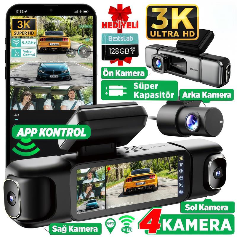 360+ Botslab G980H Pro 3K 4 Kameralı Wifi+GPS Akıllı Araç İçi Kamera +170° Geniş Açı+Süper Kapasitör+Sesli Kontrol+Gece Görüşlü (128GB HAFIZA KARTI HEDİYELİ)