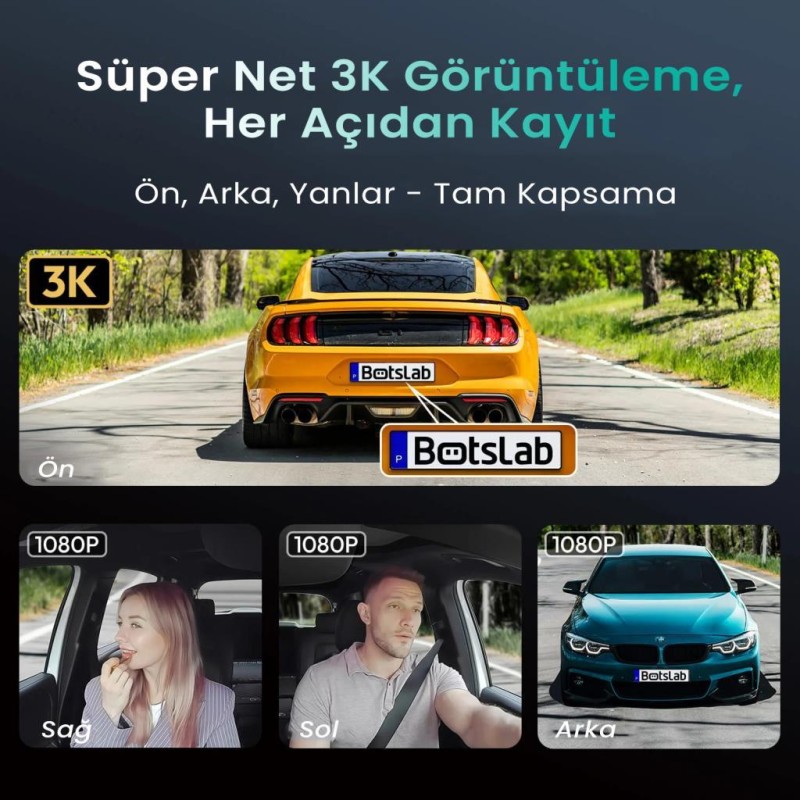 360+ Botslab G980H Pro 3K 4 Kameralı Wifi+GPS Akıllı Araç İçi Kamera +170° Geniş Açı+Süper Kapasitör+Sesli Kontrol+Gece Görüşlü (128GB HAFIZA KARTI HEDİYELİ)