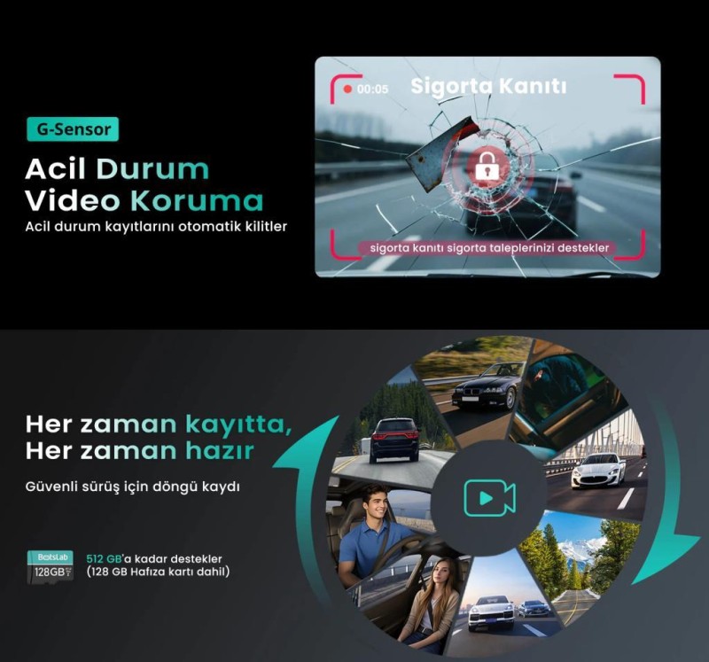 360+ Botslab G980H Pro 3K 4 Kameralı Wifi+GPS Akıllı Araç İçi Kamera +170° Geniş Açı+Süper Kapasitör+Sesli Kontrol+Gece Görüşlü (128GB HAFIZA KARTI HEDİYELİ)
