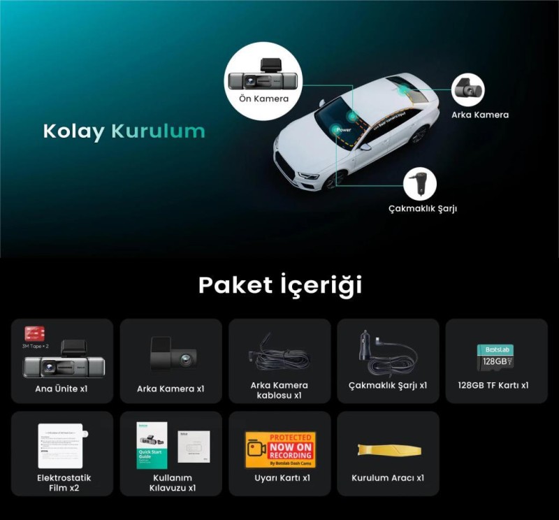 360+ Botslab G980H Pro 3K 4 Kameralı Wifi+GPS Akıllı Araç İçi Kamera +170° Geniş Açı+Süper Kapasitör+Sesli Kontrol+Gece Görüşlü (128GB HAFIZA KARTI HEDİYELİ)