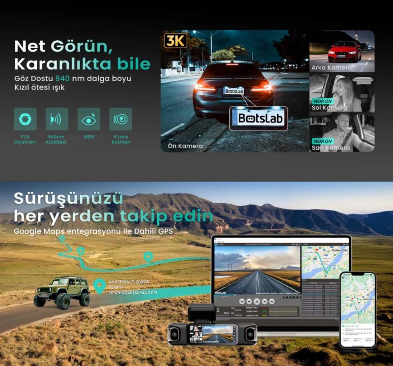 360+ Botslab G980H Pro 3K 4 Kameralı Wifi+GPS Akıllı Araç İçi Kamera +170° Geniş Açı+Süper Kapasitör+Sesli Kontrol+Gece Görüşlü (128GB HAFIZA KARTI HEDİYELİ)
