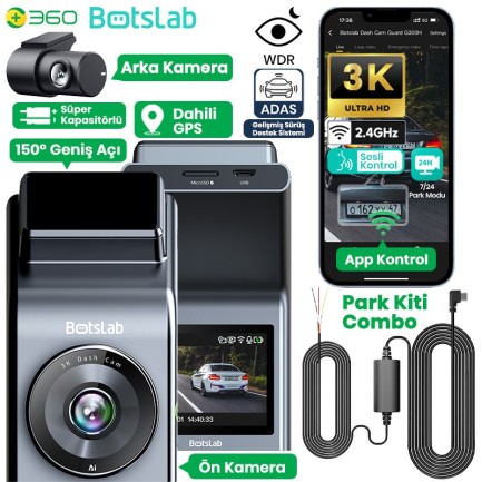 360+ - 360+ Botslab G300H Pro ADAS 3K WiFi+GPS 150° Geniş Açı Gece Görüşlü Araç İçi Kamera Dash Cam Araç Kamerası+WDR+LCD Ekran+G-Sensör+Sesli Kontrol+Park Modu Kiti Combo