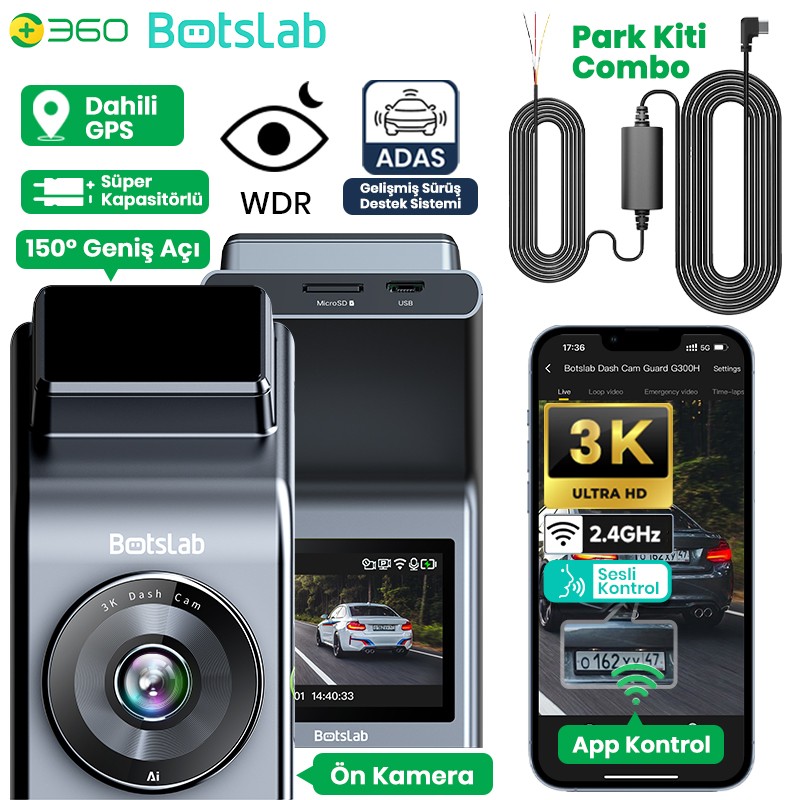 360+ Botslab G300H Pro ADAS 3K WiFi+GPS 150° Geniş Açı Gece Görüşlü Araç İçi Kamera Dash Cam Araç Kamerası+WDR+LCD Ekran+G-Sensör+Sesli Kontrol+Park Modu Kiti Combo