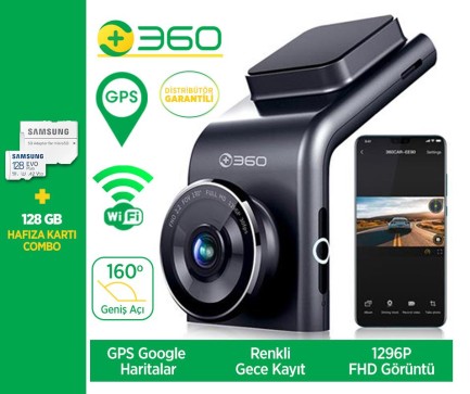 360+ - 360+ G300H Wifi + GPS 1296P 160° Geniş Açı Gece Görüş Akıllı Araç İçi Kamera + Samsung 128GB Hafıza Kartı Combo