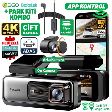 360+ - 360+ Botslab G980H Pro ADAS Ön Kamera Gerçek 4K UHD Arka 2K QHD 170° Geniş Açı Lens Gece Görüşü Dahili Gps Modülü Akıllı Araç İçi Kamera (64GB HAFIZA KARTI HEDİYELİ)+Park Modu Kiti Combo 