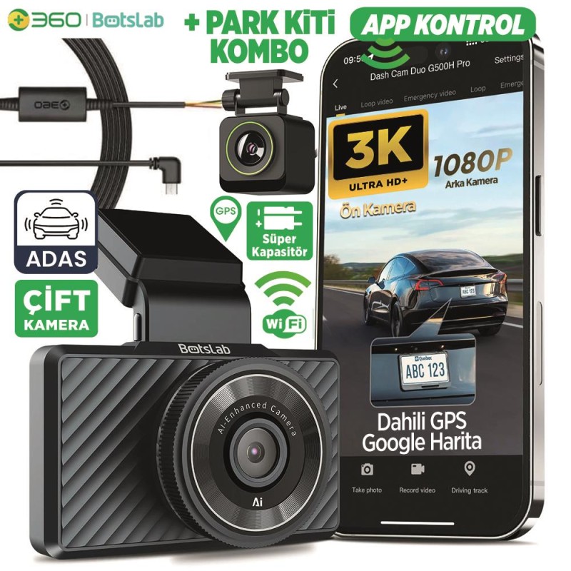 360+ Botslab G500H Pro ADAS Ön 3K QHD - Arka 1080P FHD 150° Geniş Açı WiFi+GPS Gece Görüşlü Akıllı Araç İçi Kamera +Park Modu Kiti Combo 